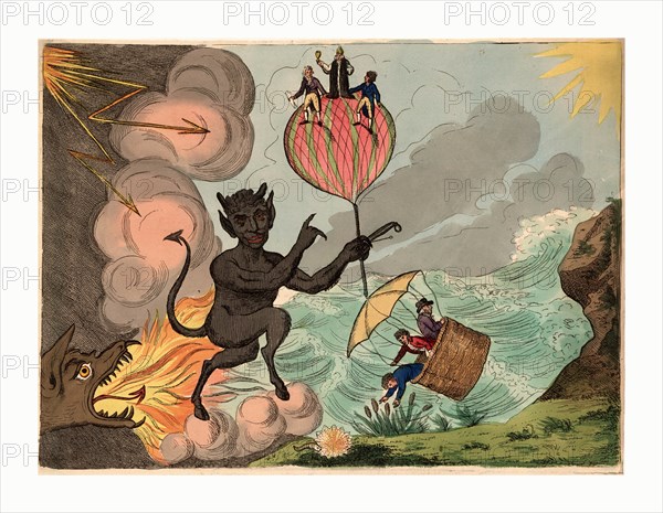 To his royal highness Fredrick Duke of York, this plate of Satan holding th prepondrence of power or Bounaparte's threat, is most humbly inscribed, by E. Sanders, engraving 1803, Satan holding a balance to which, on one end is attached a hot-air balloon with a bishop, possibly the Duke of York, and another man standing on top, its lightness has skewed the balance to end over end; at the other end is a parachute with three men standing in the basket, it is about to crash on the coast of England. Behind Satan are storm clouds, lightning, and a flame emitting serpent; they may represent the gathering storm of the threat of invasion by Napoleon. Includes lengthy text with several speakers and numerous citations from the Bible, such as Behold the Balance of unequel Freight as recent Prophets tell Ez xviii 25, and as Bony Napoleon says, He! he! he! I have got them all now! I'll lead them a dance to the point of the lance, on the top of the air Balloon Isa xxxvi 12, vide x 3., Jer v 31, Amos ...