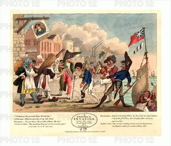 A return from an invasion, or, Napoleon at a nonplus, engraving 1803, Napoleon I coming ashore at Calais, France, defeated at every turn, without men and ships, to face the ridicule of fisherwomen, the governor, a French soldier, and an English sailor who says, Take one kick at parting & thank your own insignificance the English suffer'd you to return to France alive.