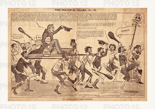 The political drama. No. 61. Old grill among the paddies, en sanguine engraving 1832?, William Cobbett riding on a large gridiron borne by a ragged troop of caricatured Irishmen in a procession following a man carrying a flag pole topped with a death's head labeled Tom Pain and flying a banner labeled Liberty.