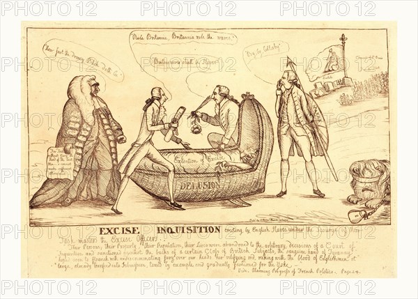 Excise inquisition erecting by English slaves under the scourge of their task-masters the excise officers, Dent, William, active 1783-1793, artist, England, en sanguine engraving 1790, a British satire on an attempt by William Pitt and George Rose to transfer to excise law certain import duties; standing in opposition is Edward Thurlow. The central image shows Britannia, wrapped in a blanket labeled Extension of Excise, being rocked to sleep in a cradle by Pitt and Rose. Another man, possibly William Mainwaring, is holding Britannia's spear and shield which is labeled Maner and saying By, by, lullaby; to the right of his feet is the British lion, blindfolded and chained to the ground. The destruction of the Bastille is shown in the upper right corner; by depicting the Bastille in a state of ruin, reference is made to the recent liberation of the French, and by implication, to the tyranny under which the British continue to live.