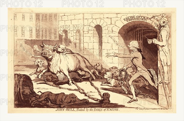 John Bull, baited by the dogs of excise, en sanguine engraving 1790, British satire on efforts by William Pitt, George Rose, and some members of Parliament to impose new Excise duties on tobacco (cf. Tobacco Excise Bill). The additional tax burden on British citizens is implied by the image of a bull, muzzled and blindfolded, with legs chained to a stump, being harassed by dogs (depicted with heads of members of Parliament). Edward Thurlow, also shown as a dog, registers his opposition to these New Excise Fetters for John Bull by urinating on tobacco leaves. Among the members of Parliament depicted are: William Wyndam Grenville, Henry Dundas, Charles Lennox Richmond, Charles Jenkinson, Richard Pepper Arden, Sir Charles Pratt Camden, and possibly Francis Osborne Carmarthen.