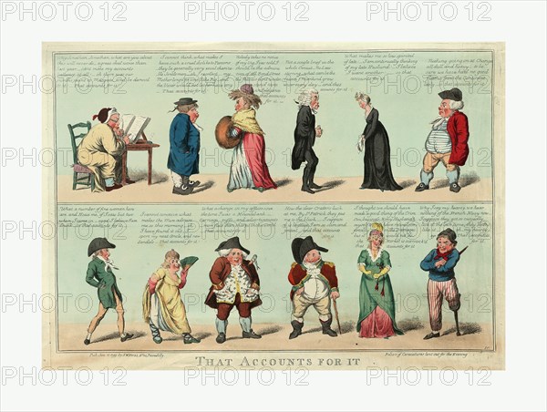 That accounts for it, Cruikshank, Isaac, 1764 1811, engraver, London, engraving 1799, a number of men and women each with a particular problem that seems to be troubling them, they contrive a solution which leads to the remark, that accounts for it.