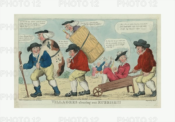 Villagers clearing out rubbish!!! engrav'd by Hixon, London, engraving 1800, three villagers transporting a parson, a doctor, and a lawyer to another parish to cries of Huzza from other villagers.