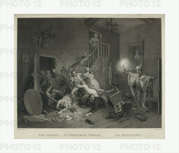 The ghost  a Christmas frolic  le revenant, en sanguine engraving 1814, a boy with a mannequin ghost holding a candle frightens several guests at an intimate party.