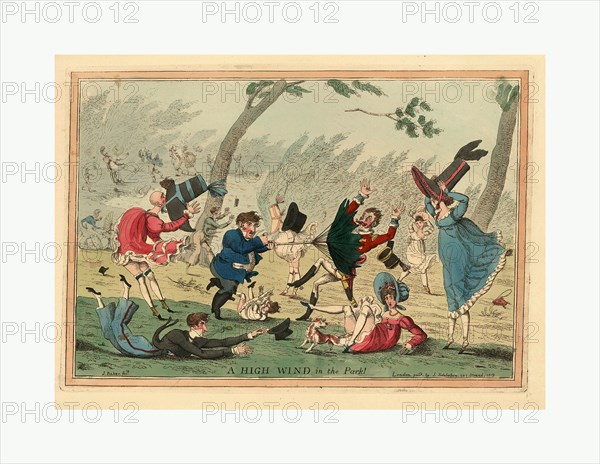 A high wind in the park!  engraving 1819, a strong wind blowing down men, women, and children, catching up dresses, hats, and umbrellas, and tearing limbs from trees.