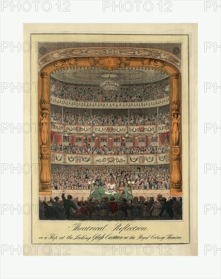 Theatrical reflection, or a peep at the looking glass curtain at the Royal Coburg Theatre, engraving 1820, the mirrored curtain reflecting the audience at the Royal Coburg Theatre (Old Vic Theatre) and Ramo Samee, a juggler, magician, and sword swallower, juggling on stage.