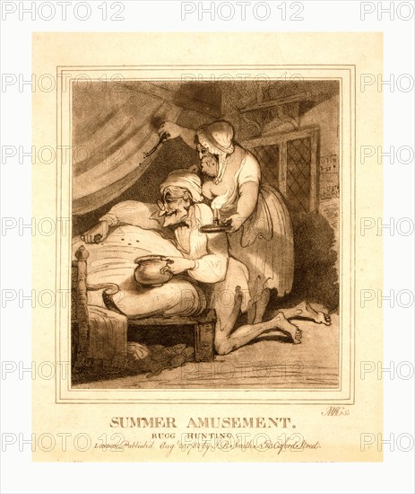 Summer amusement, Bugg  hunting, Old couple catching bedbugs. en sanguine engraving