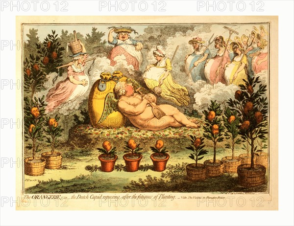 The Orangerie  or  the Dutch Cupid reposing after the fatigues of Planting, Gillray, James, 1756-1815, engraver, London, engraving 1796, William V, Prince of Orange, as a fat, naked Cupid, reclining on a platform of grass and flowers and leaning on a bag of money marked 24,000,000 ducats. In the foreground are a number of orange plants with each orange bearing the likeness of the prince. In the background, as if in a dream, are many heavily pregnant women: a milkmaid, a fishmonger, a house maid, and many farm women.