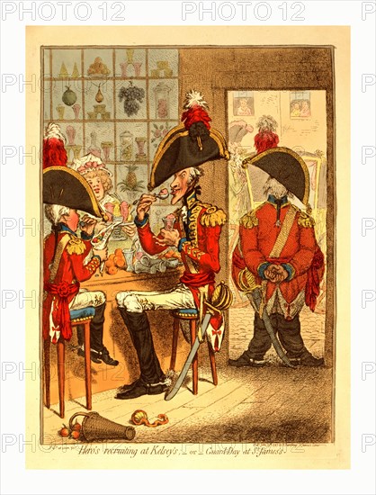 Hero's recruiting at Kelsey's or Guard Day at St. James's, Gillray, James, 1756-1815, engraver, London, engraving 1797, Two officers, on a tall, lanky, elderly man and the other a child, sit facing each other eating sweets at a confectioner's. A third officer, fat and knock-kneed, stands guard in the doorway. The windows of the shop are full of various fruits and sweets.