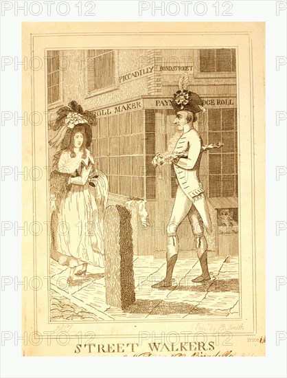 Street walkers, en sanguine engraving 1786, a well dressed man wearing large hat, possibly George Hanger, walking at the corner of Bond Street and Piccadilly, there he meets the gaze of a fashionably dressed young woman, a prostitute(?), also wearing a large hat and a bustled skirt.