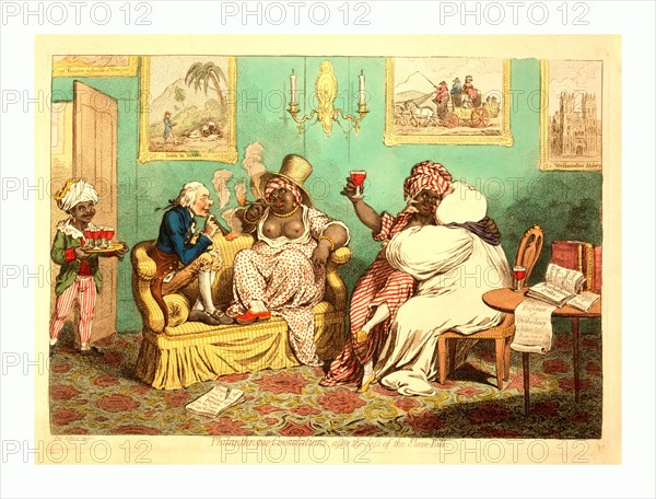 Philanthropic Consolations, after the loss of the Slave-Bill, Gillray, James, 1756-1815, engraver, 1796 , 1 print : etching, hand-colored, William Wilberforce and Samuel Horsley, Bishop of Rochester, cavort with two black women in a well-furnished room. Wilberforce and a woman, wearing a print dress with her breasts exposed, sit on a couch smoking cheroots. Horsely, in his bishop's robes, embraces a woman sitting on his knee holding a wine glass. A black servant boy brings in a tray of filled glasses.