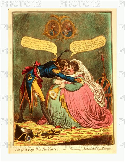 The first Kiss this Ten Years! - or - the meeting of Britannia & Citizen Francois, Gillray, James, 1756 1815, engraver, [London] : H. Humphrey, 1803., 1 print : etching, hand-colored., A tall, thin, French officer kissing a fat, richly dressed, seated Britannia. His hat and sword lay on the carpet. Britannia's shield and trident rest on the wall behind her chair. Above them are portraits of George III and Napoleon, facing each other.