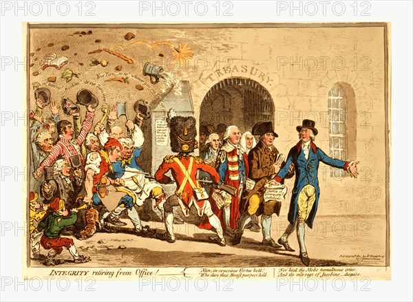 Integrity retiring from Office!, A group of resigning ministers, led by Pitt who holds a document entitled Justice of Emancipating ye Catholicks, leaving through an arched gateway inscribed Treasury.Following Pitt are Dundas, Grenville, Spencer and Loughborough. From the left, represented by a plebian rabble, is the Opposition, led by Sheridan and Tierney. Behind are Jekyll, Bedford, Nicholls, Tyrhwitt Jones, Norfolk and Burdett. The Opposition is held at bay by a sentry with G.R. on his busby. The sentry stands near his sentry-box with the placard: G.R. Orders for keeping all improper Persons out of the Public Offices.