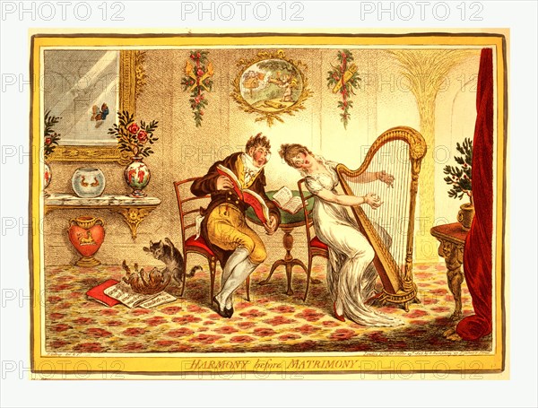 Harmony before Matrimony, Gillray, James, 1756-1815, engraver, [London], 1805, a young woman and a fashionably dressed young man singing a duet. The woman plays a harp while looking over her shoulder at the music book, Duets de L'Amour, which the man holds. On the table between the two is an open copy of Ovid's Art of Love. Two cats play on sheets of music; two goldfish swim in a bowl; two roses grow in a vase. Other images reflect the concept of couples and love.