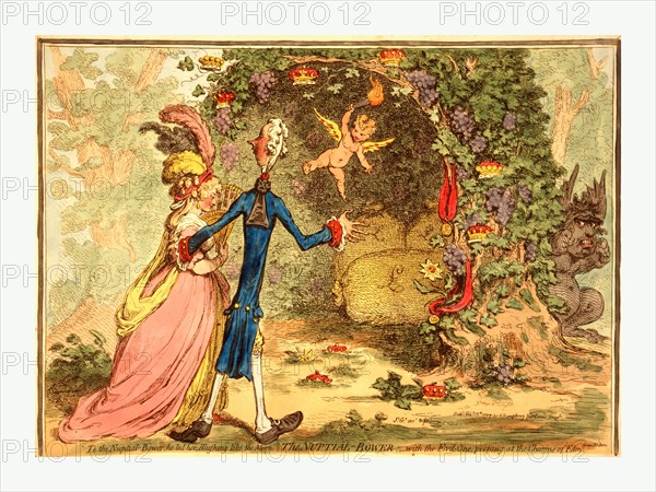 The nuptial bower, with the evil one, peeping at the charms of Eden, from Milton, Gillray, James, 1756-1815, artist, [London] : Pubd. by H. Humphrey, 1797, William Pitt escorting Eleanor Eden to a vine-shaded bower within which are three large sacks with the British pound symbol on them, possibly representing Pitt's debt. Bunches of grapes, crowns, and medallions, suspended from ribbons, hang from the bower. A devil-like creature, the Evil-One, representing Charles James Fox, peers around the bower from the right.