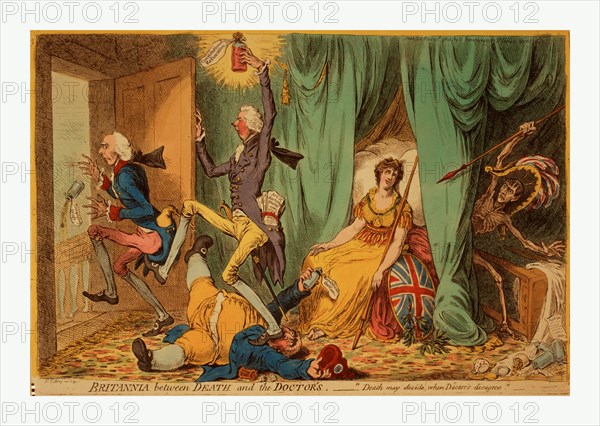 Britannia between death and the doctor's, Gillray, James, 1756-1815, artist, [London], 1804, a faint Britannia seated on bed with three doctors, William Pitt kicking Henry Addington and stepping on Charles James Fox. The figure of death, with Napoleon's head, strides from behind bed curtains.