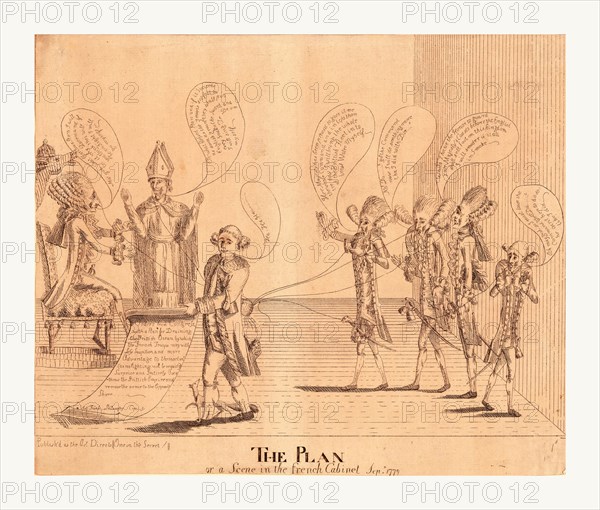 The plan, or a scene in the French cabinet, Sepr. 1779, [London : 1779 Sept.], 1 print : etching., Cartoon shows Benjamin Franklin standing, center, holding a copy of the Plan which calls for draining of the British Ocean to facilitate an invasion by French troops; in his other hand are strings connected to the noses of four members of the cabinet, the king, and a clerical figure; while they comment on the Plan and their respective roles, Franklin, controlling the strings, laughs.