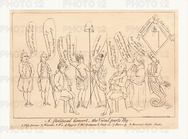 A political concert; the vocal parts by 1. Miss America, 2. Franklin, 3. F--x, 4. Kepp--ll, 5. Mrs. Britania, 6. Shelb--n, 7. Dun--i--g, 8. Benidick Rattle Snake, Colley, Thomas, active 1780-1783, artist, [London],  1783, engraving, a Native woman representing America and Britannia standing in the center holding a pole topped with a liberty cap, they are joined by Benjamin Franklin, Charles James Fox, Augustus Keppel, Lord Shelburne, John Dunning, and a rattlesnake as Benedict Arnold standing beneath a picture of a gallows