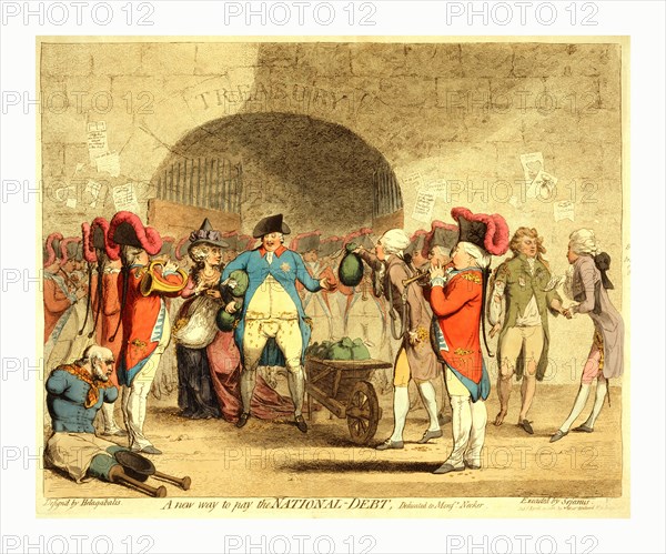 A new way to pay the national-debt, Cartoon shows King George III and Queen Charlotte standing before the Treasury, moneybags under their arms, their pockets overflowing and bursting with coins (funds from the Treasury to cover Royal debts), William Pitt, his pockets full of coins, hands the king another moneybag taken from an overflowing wheelbarrow; the Prince of Wales, George IV, stands to the right looking destitute; a quadriplegic sits on the ground to the left with an overturned and empty hat between the stubs of his legs, which are fitted with prostheses.