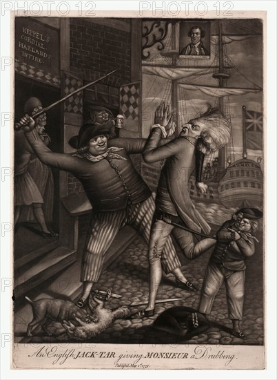 An English jack-tar giving monsieur a drubbing, London : Robert Sayer, en sanguine engraving 1779,  The Victory is associated with the French and British naval battle off Ushant in July 1778. The reference to Keppler is acrimonious, as he was court martialled as the result of his conduct during battle. Harland was Keppel's second in command. Sayer sides with Keppel, who had been set up by Sir Hugh Palliser following the stalemate of a battle. Keppel, who won acquittal without comment, was championed by the common sailors.