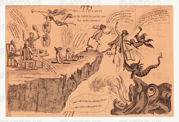 Hell in triumph or The devil has got his own, Peepo Mellico, scratchavit., en sanguine engraving  1779, Sir Hugh Palliser, a naval admiral and accuser of Admiral Augustus Keppel following the inconclusive battle off the coast of Ushant in 1778, being pulled off a cliff by demons toward the open mouth of the Devil. During Keppel's trial he was compared to Admiral John Byng, shown blindfolded at center, who was executed on charges for losing Minorca in 1756. Also shown is Alexander Hood, an admiral in Palliser's fleet, holding a log-book; he testified in defense of Keppel. Fame flies overhead bearing two medallions, A.K. for Augustus Keppel, and S.R.H. possibly for Admiral Samuel Hood, brother of Alexander Hood.
