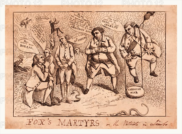 Fox's martyrs or The patriots in limbo, [England : Publisher not named, March 1784], 1 print : etching ; 25.2 x 34.9 cm (plate), Print shows Charles James Fox's martyrs during the American Revolution. On the right, Frederick, Lord North, hangs from a devil's pitchfork and wears a large stone labeled American War from his neck. In the center, Charles Fox apologizes for his actions, in the aftermath of the 1784 general election. The 1784 Parliamentary election was the first national election. The Fox-North coalition came under attack by George III and William Pitt the Younger. Pitt remained Prime Minister and those members of Parliament who continued to support Fox and North became known as Fox's Martyrs in reference to John Foxe's Book of Martyrs (1563). This satire lays the blame for the Whig's loss on the American Revolution.