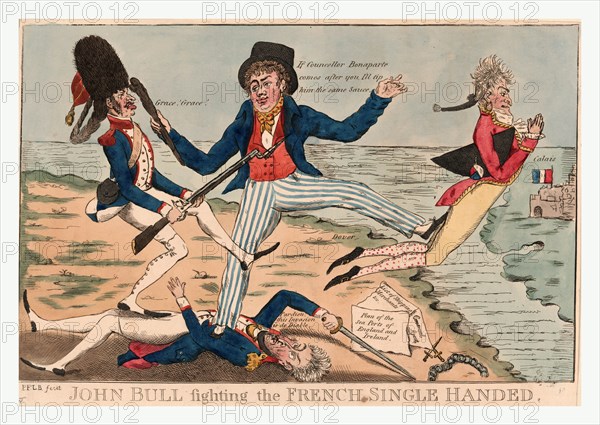 John Bull fighting the French single handed, P.F.L.B. fecit., [England : Publisher not named, between 1800 and 1815], 1 print : etching, hand-colored ; 19.2 x 29.9 cm (border, plate marks cropped), Print shows John Bull rapping a French soldier on the head with a cudgel, stomping on a French officer with his right foot, and using his left foot to kick the French nobility out of England and back to France during the Napoleonic era.