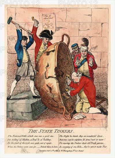 The state tinkers, Gillray, James, 1756-1815, engraver, Published Feb'y 10th 1780 by W. Humphrey, 1780., 1 print : engraving, color., Three men breaking a large bowl which is cracked and patched. Lord North is shown chiselling inside the bowl, behind the bowl is Lord Sandwich, next to Lord Sandwich is a man identified as Lord George Germain. Behind Lord North stands George III whose hands are raised as if in surprise. On the wall behind are posted two documents labelled List of the Navy and Plan of Minden