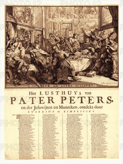 Het lusthuys van Pater Peters, en de Jesuwijten en Munniken, ontdekt door, Sic itur ad astra, scilicet, [1681?], 1 print (broadside) : etching with letterpress., Print shows scene in a bawdy house of pleasure frequented by Father Petre, Jesuits, and monks, where they mingle and dine with such figures as: Wantonness, Avarice, Sloth, Fury, and Vanity. Priests engage in lascivious acts and steal money from a dying person, a Protestant minister is driven away from the door, a fox delivers a sermon from a pulpit, and Jesuits help themselves to treasures in India. Individual figures numbered with key contained in dialogue between Eusebius and Simplicius.