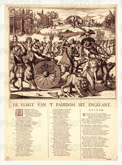 De vlugt van 't pausdom uit Engelant, Hooghe, Romeyn de, 1645-1708, artist, [1689], 1 print (broadside) : etching with letterpress., Print shows Louis XIV, with peg leg, riding a bear, leading the flight of catholicism from England; he moves to draw his sword to strike a lion, as a cock on his head is attacked by an eagle. Father Petre follows riding a large dog harnessed to a wagon carrying the royal family, James II, the queen, and James Francis, their infant son, known as the Pretender, holding a windmill. The dog defecates on the crown. A black imp with bellows harasses Father Petre. Pantagion with sword drawn and bomb shooting hat brings up the rear riding a wolf. In the middle distance is a long line of priests and monks fleeing London. In the upper right corner, Pope Innocent XI wheels in a bishop.