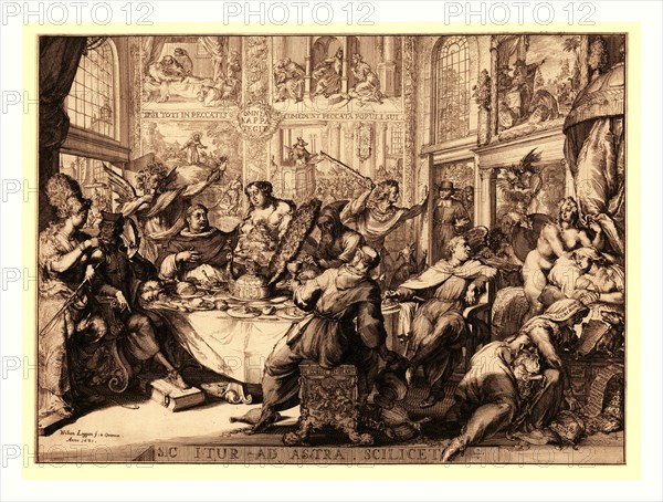 Sic itur ad astra scilicet, Hooghe, Romeyn de, 1645-1708, artist, 1681., 1 print : etching., Print shows scene in a bawdy house of pleasure frequented by Father Petre and other Jesuits where they mingle and dine with such figures as: Wantonness, Avarice, Sloth, Fury, and Vanity. Priests engage in lascivious acts and steal money from a dying person, a Protestant minister is driven away from the door, a fox delivers a sermon from a pulpit, and Jesuits help themselves to treasures in India.