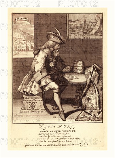 Louis d'Or, [1705], 1 print : etching., Print shows Louis XIV sitting at a table, resting on his left elbow. He appears to be asleep, but may be reading a letter, Mon Cousin...recompense de Ure service ..., lying on the table with two money bags and some loose coins; the table top is supported by an eagle. His coat is decorated with fleurs-de-lis, as is a robe(?) on the table opposite him, and he wears a Louis d'Or medal. Through the window behind him is a view of Emser Bad and hanging on the wall is a picture of tents and a battle scene that is titled Louis Dort which may be a play on the words d'Or and dort. Four lines of verse are printed below the image with title: Amice ad quid venisti (see Matthew 26:50 amice ad quod venisti : friend, whereto art thou come).