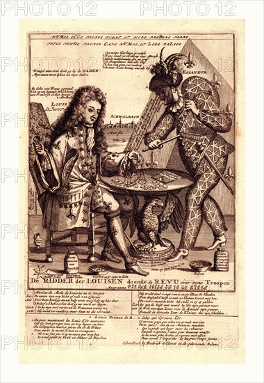 De ridder der Louisen doende de revu over zyne troupen, Goldsmit, Fredrich, artist, en sanguine engraving 1705, on the left, Louis, the Duke of Burgundy, identified as Louis Le Petit, sitting at a table outside a tent. In his right hand, he appears to be holding a Louis d'Or coin, and with his left hand he holds a balance above other coins on the table (the table top is supported by an eagle). An essayeur, identified as Celuy qui epreuve l'Or, is standing opposite of Louis, he holds a triangle from which coins dangle. Fleurs-de-lis decorate Louis's clothing, and the assayer's clothing shows the design of a cross saltire and orle, possibily representing the House of Bourbon or Navarre.