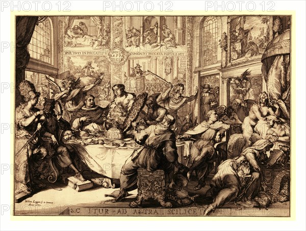 Louis d'Or au soleil, en sanguine engraving 1705, Louis XIV sitting next to a table, head resting on his left elbow which rests on his left knee; he is asleep, though his right hand rests on money bags lying on the table with some loose coins. He wears a Louis d'Or medal and a large, plumed hat. A battle scene is depicted on the fabric that hangs from the table, possibly the battle of Blenheim. The sun shines through a window behind him, as well as on a man swimming on a river in the background. There is a large chest on the floor in the lower right.
