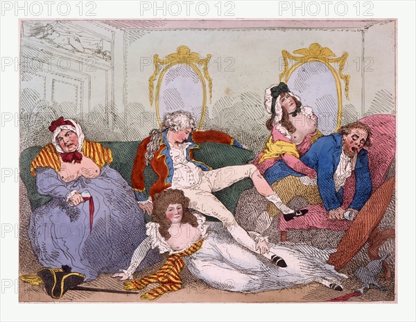 Prodigal son, scene in a bordello where the Prince of Wales lounges on a sofa next to a large, bare-breasted woman, probably representing Charles James Fox. A second bare-breasted woman,lounges at the feet of the Prince, while a third holds a man who is leaning on a chair vomiting.