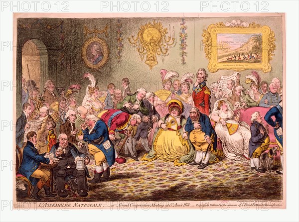 L'assemblee nationale or grand cooperation meeting at St. Ann's Hill. Respectfully dedicated to the admirers of A Broad-Bottom'd Administration, Gillray, James, 1756-1815, artist, [London] : Published by H. Humphrey, 1804 June 18., 1 print : etching, hand-colored., Print shows a reception given by Charles James Fox and wife for various groups and friends of the Prince of Wales, all opposed to the government.