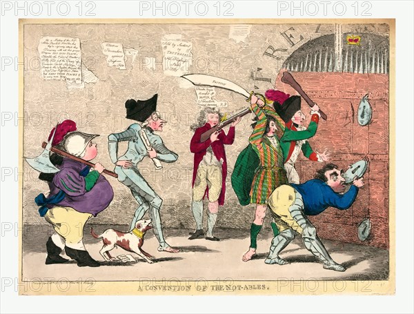 A convention of the not-ables, engraving 1787, Lord North, Edmund Burke, Charles Fox, the Prince of Wales, and others attempting to break into the royal treasury.