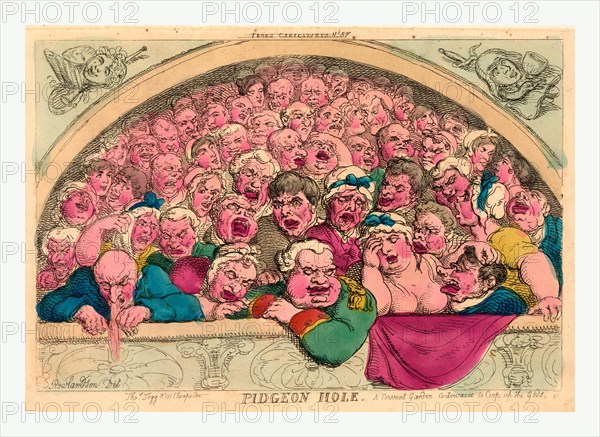 Pidgeon hole. A Convent [sic] Garden contrivance to coop up the gods, Rowlandson, Thomas, 1756-1827, engraving 1811, a close-up view of one of the 'pigeon holes' which flanked the upper gallery at Covent Garden