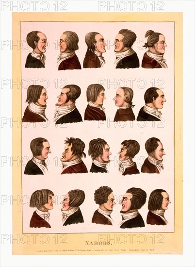 Engraving 1811, profile portraits of 20 men, called nabobs, who are representatives of the East India Company that have returned home with newly acquired wealth, generally through dubious or corrupt means.