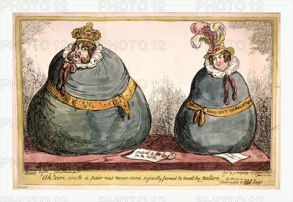 Ah! Sure such a pair was never seen so justly form'd to meet by nature Old Sherry, Cruikshank, George, 1792 1878, engraving 1820, from two huge green bags, pear-shaped and broad-based, emerge respectively the heads of the King and Queen