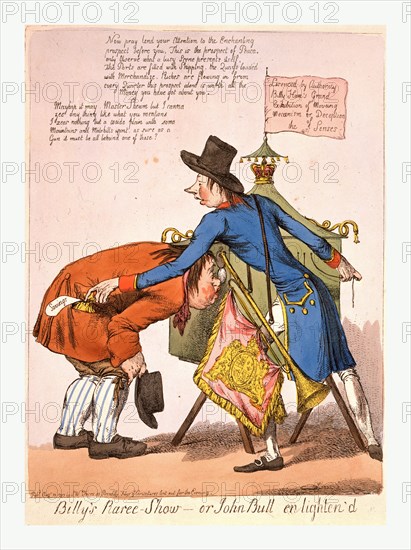 Billy's Raree-Show or John Bull en lighten'd, [England], engraving 1797, Pitt, as a peep-show man, stands by his box, which is supported on trestles