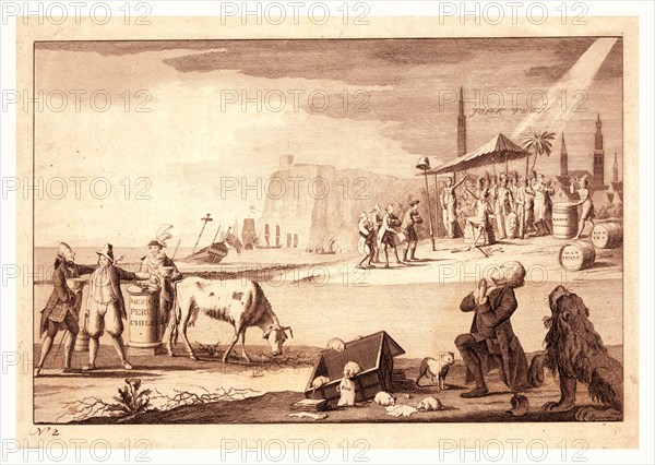 York town, en sanguine engraving shows America receiving the surrender of Cornwallis in the background, while an emaciated cow representing English commerce is robbed of her milk by France, Spain, and Holland in the left foreground, on the right a frock-coated Englishman begs, as does the British lion, whose paw has been injured by a broken teapot.