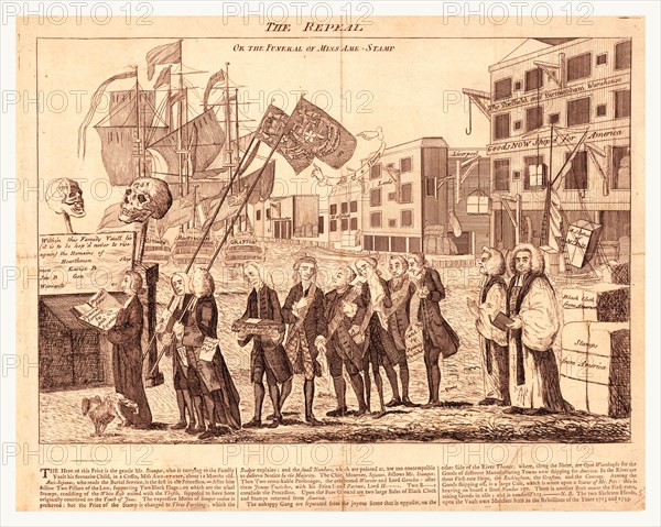 The repeal, or the funeral of Miss Ame=Stamp, en sanguine engraving shows a popular satire commenting on the Stamp Act.The supporters of the act gather at a dock to carry a small coffin containing the remains of the bill toward an open vault.Leading the procession and preparing to deliver the funeral eulogy is the Reverend W. Scott, who is followed by Grenville (carrying the coffin), Bute, Bedford, and Temple, who were among those responsible for passing the act.Quantities of unshipped cargoes destined for America have accumulated on the dock during the time that the act was in force.