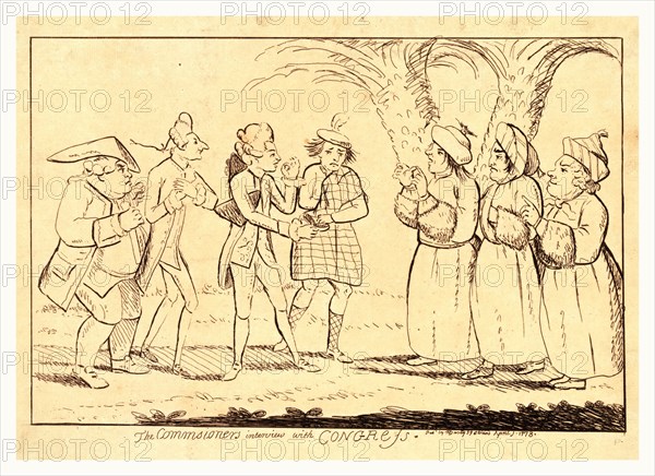 The commissioner's interview with congress, Darly, Matthew, active 1741-1780, en sanguine engraving 1778, three members of congress standing beneath palm trees outlining their demands for peace to three members of the peace commission, the Earl of Carlisle, Baron Auckland, and George Johnstone. Lord Bute is standing in the background between the two groups.