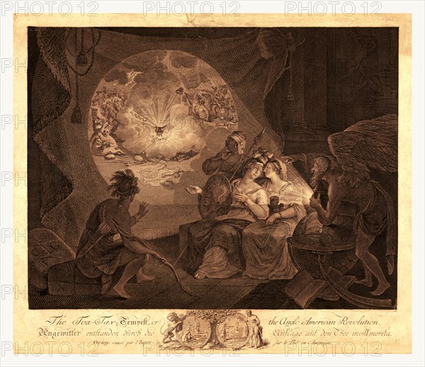 The tea-tax-tempest, or the Anglo-American revolution, en sanguine engraving shows a satire expressing a Continental European view of the American Revolution, showing Father Time using a magic lantern to project the image of a teapot exploding among frightened British troops as American troops advance through the smoke. Figures representing world opinion look on: an Indian for America, a black woman representing Africa, a woman holding a lantern symbolizing Asia, and a woman bearing a shield for Europe.