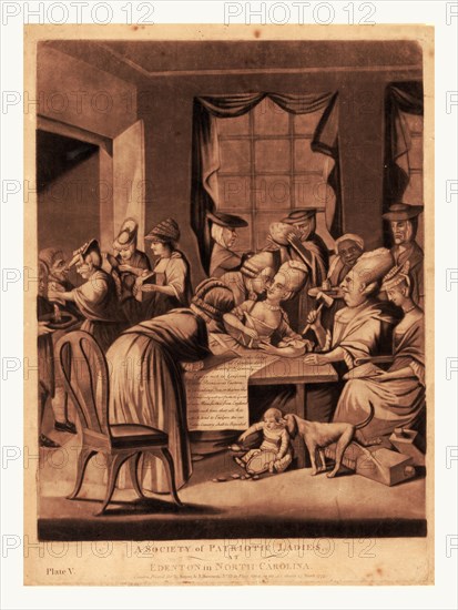 A society of patriotic ladies, at Edenton in North Carolina, en sanguine engraving shows satire of American women from Edenton, North Carolina, pledging to boycott English tea in response to Continental Congress resolution in 1774 to boycott English goods.