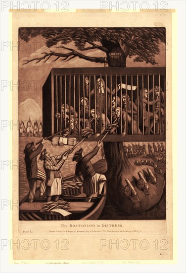 The Bostonians in distress, en sanguine engraving 1774, Bostonians held captive in a cage suspended from the Liberty Tree. Three British sailors standing in a boat feed them fish from a basket labeled  To -from the Committee of  in return for a bundle of papers labeled Promises around the tree and in the background are cannons and British troops. The paper in the hand of one jailed Bostonian says, They tried with the Lord in their Troubl & he saved them out of their Distress. CVIL 13.