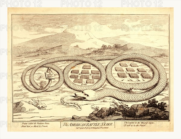 The American rattle snake, en sanguine engraving shows American snake, the emblem used by Americans as a device on their flag before the adoption of the stars and stripes, with two of three coils around units of British soldiers, commanded by Burgoyne and Cornwallis at time of their surrender. Gillray is lampooning the British war effort. The verse printed below the image reflects the widespread sympathy in England for the American cause.