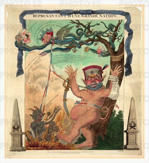 Represantant d'une grande nation, engraving 1799, a grotesque monster, nude and hairy, representing the Constitution of the Year III, stands against the trunk of L'Arbre de Liberty (right) with upraised hands. The tree, Embleme de l'Arbre de Connoissance, has withered branches in which fantastic serpents are twined. One of these, having a human head and arms...is evidently Talleyrand