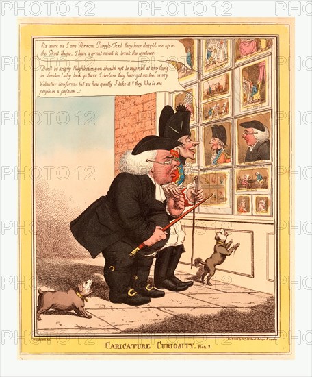 Caricature curiosity, Caricature of a porcine clergyman and a skinny volunteer officer examining caricatures of themselves in what is probably William Holland's printing shop window. Parson Puzzletest is furious, but his companion, Capt. Ruiz, reacts with good humour.